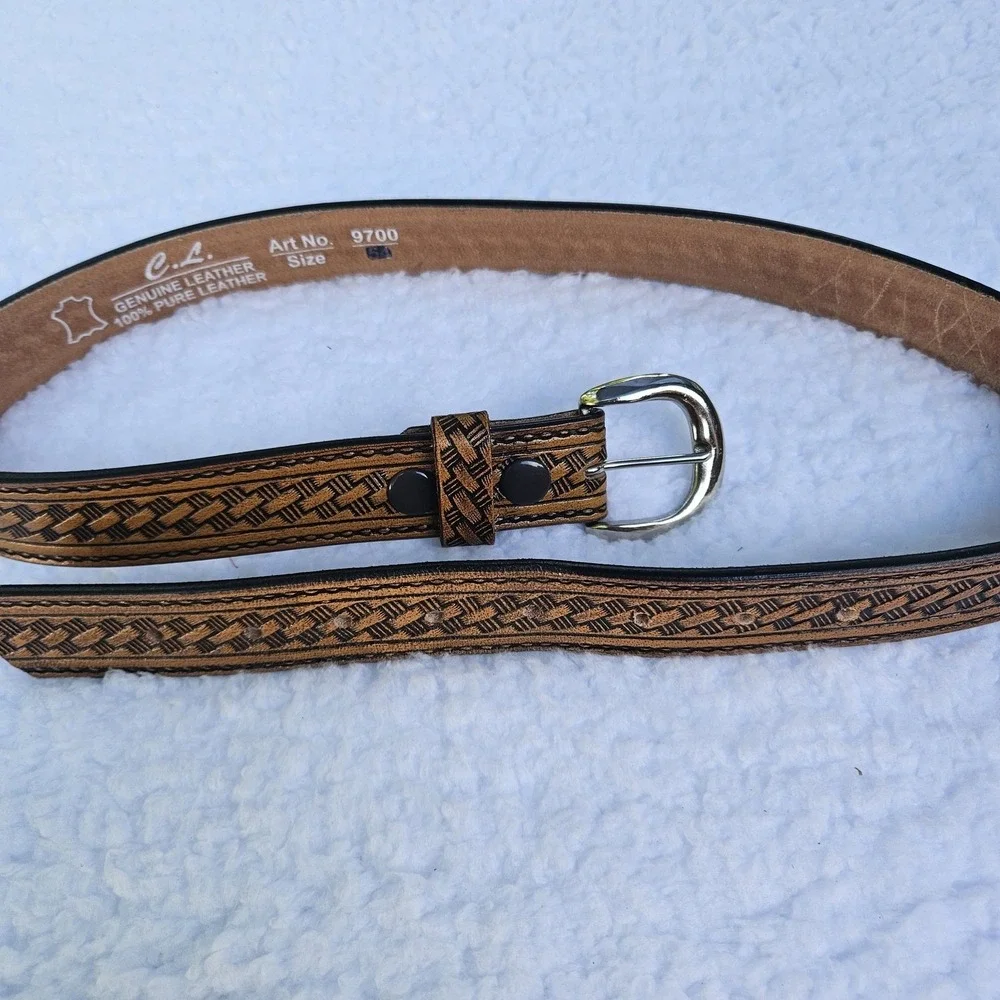 C.L. Belt Mens Small Brown Basketweave Western Tooled Leather Silver Buckle 9700